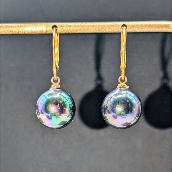 Vintage Round Metallic Gazing Ball Dangle Gold Tone Lever Back Earrings - Picture 4 of 7